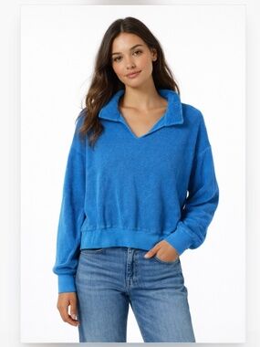 Honorine Relaxed Cozy V-Neck Hunter Terry Sweatshirt Blue Size Medium
